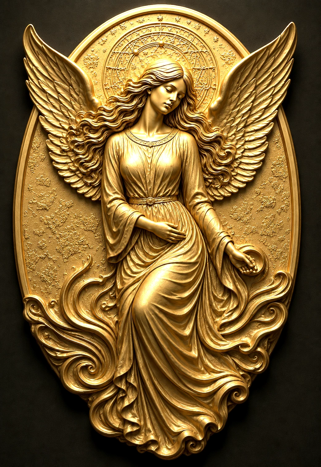 Divine Repose — oval gold angel talisman medallion