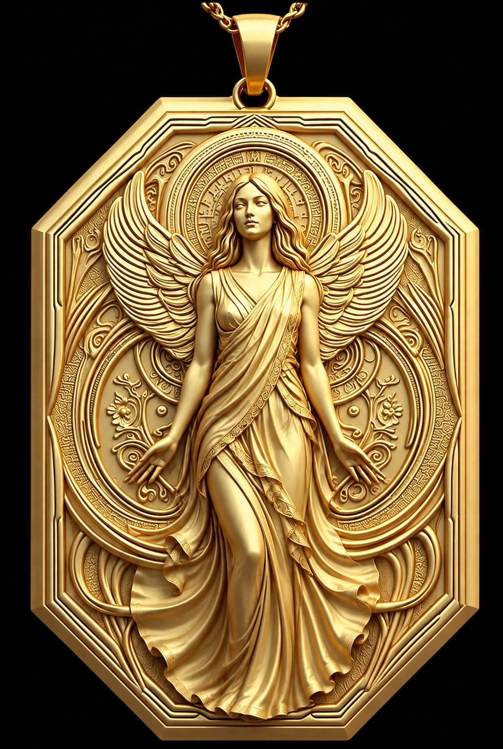 Radiant Grace — emerald-cut gold angel medallion pendant