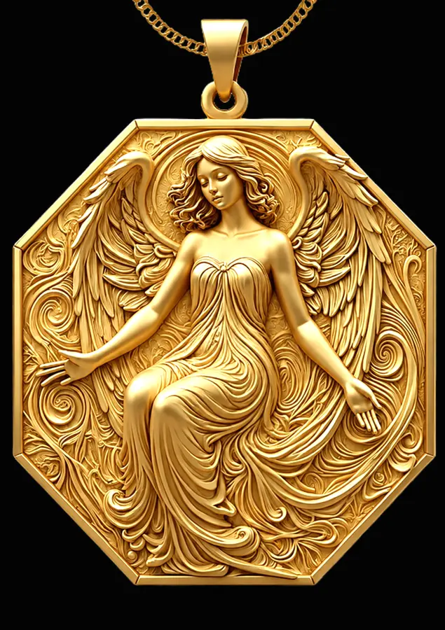 Seraphine, Guardian of Serenity — octagonal gold angel talisman pendant